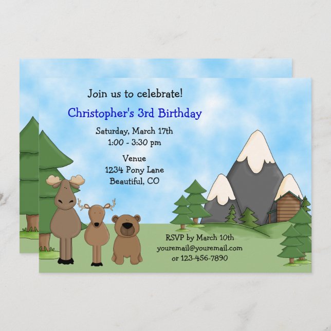 Cute Woodland Mountain Animals Boy's Birthday Invitation (Front/Back)