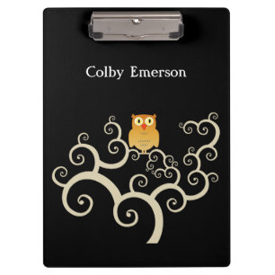 Cute Woodland Orange Owl Whimsical Tree on Black Clipboard