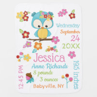 Cute Woodland Owl Baby Girl Birth Record Stats Baby Blanket