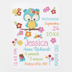 Cute Woodland Owl Baby Girl Birth Record Stats Baby Blanket