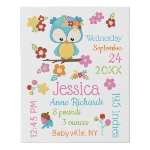 Cute Woodland Owl Baby Girl Birth Record Stats Faux Canvas Print
