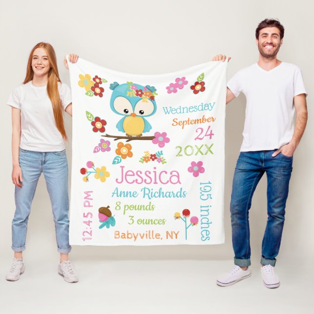 Cute Woodland Owl Baby Girl Birth Record Stats Fleece Blanket (In Situ)