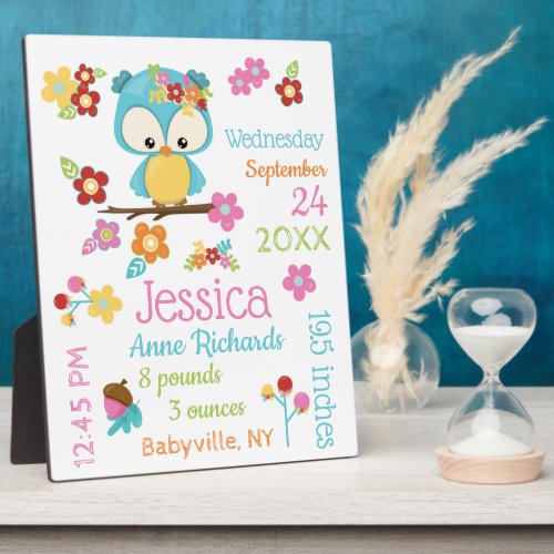 Cute Woodland Owl Baby Girl Birth Record Stats Plaque