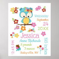 Cute Woodland Owl Baby Girl Birth Record Stats Poster