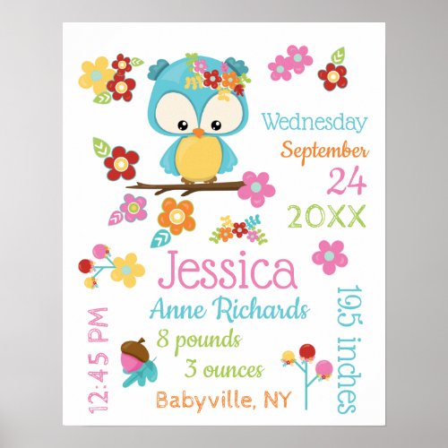 Cute Woodland Owl Baby Girl Birth Record Stats Poster