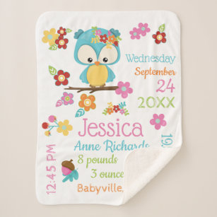 Cute Woodland Owl Baby Girl Birth Record Stats Sherpa Blanket