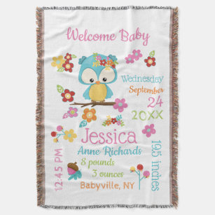 Cute Woodland Owl Baby Girl Birth Record Stats Throw Blanket