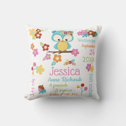 Cute Woodland Owl Baby Girl Birth Record Stats Throw Pillow