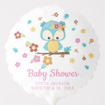 Cute Woodland Owl & Flowers Baby Girl Baby Shower Balloon