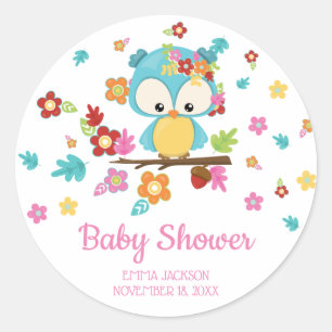 Cute Woodland Owl & Flowers Baby Girl Baby Shower Classic Round Sticker