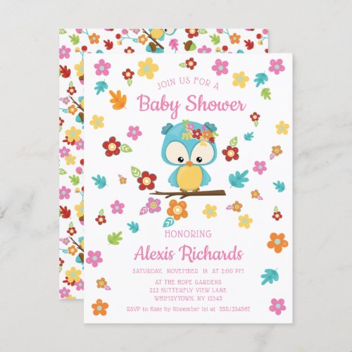 Cute Woodland Owl  Flowers Baby Girl Baby Shower Invitation