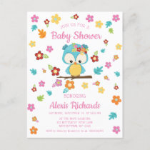 Cute Woodland Owl & Flowers Baby Girl Baby Shower Invitation Postcard