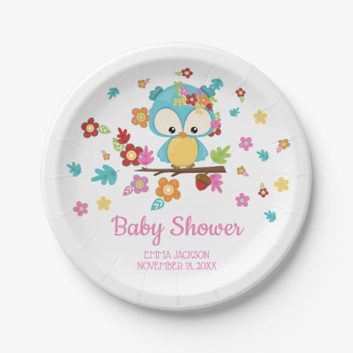 Cute Woodland Owl  Flowers Baby Girl Baby Shower Paper Plates