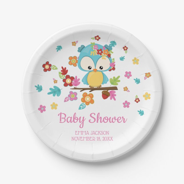 Cute Woodland Owl & Flowers Baby Girl Baby Shower Paper Plates (Front)