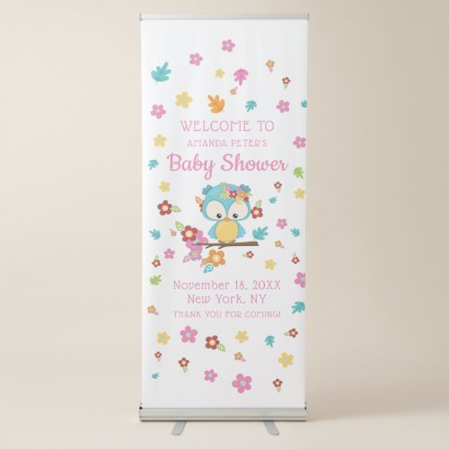Cute Woodland Owl  Flowers Baby Girl Baby Shower Retractable Banner