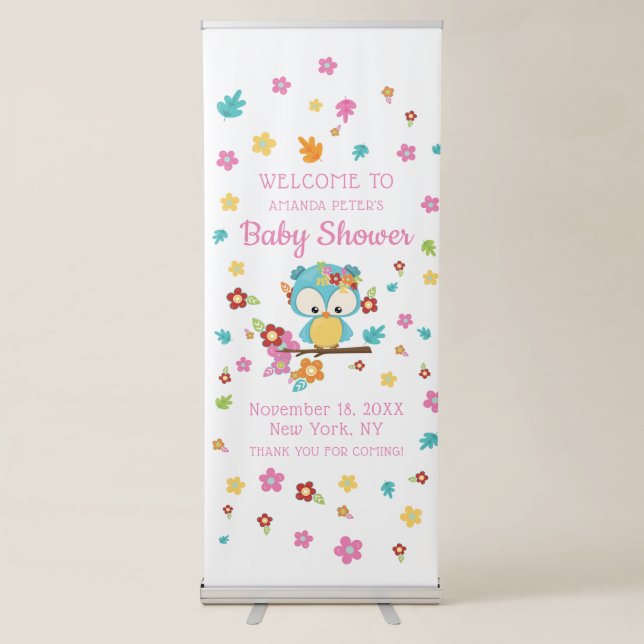 Cute Woodland Owl & Flowers Baby Girl Baby Shower Retractable Banner (Front)