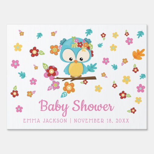 Cute Woodland Owl &amp; Flowers Baby Girl Baby Shower Sign | Zazzle