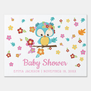 Cute Woodland Owl & Flowers Baby Girl Baby Shower Sign