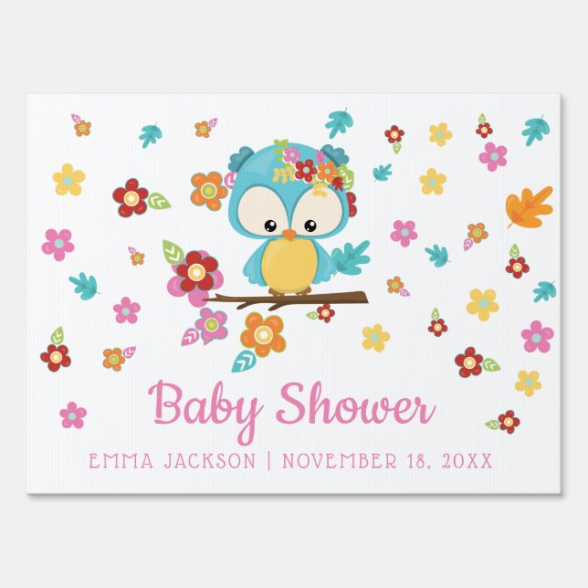 Cute Woodland Owl & Flowers Baby Girl Baby Shower Sign (Front)