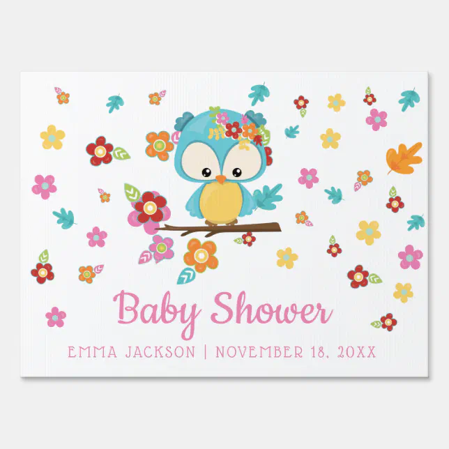 Cute Woodland Owl &amp; Flowers Baby Girl Baby Shower Sign | Zazzle