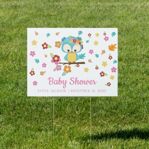 Cute Woodland Owl &amp; Flowers Baby Girl Baby Shower Sign | Zazzle