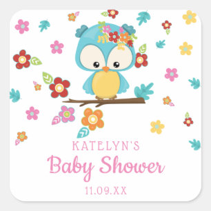 Cute Woodland Owl & Flowers Baby Girl Baby Shower Square Sticker
