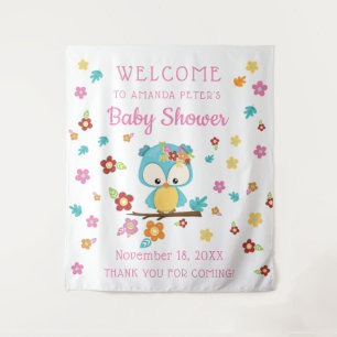 Cute Woodland Owl & Flowers Baby Girl Baby Shower Tapestry