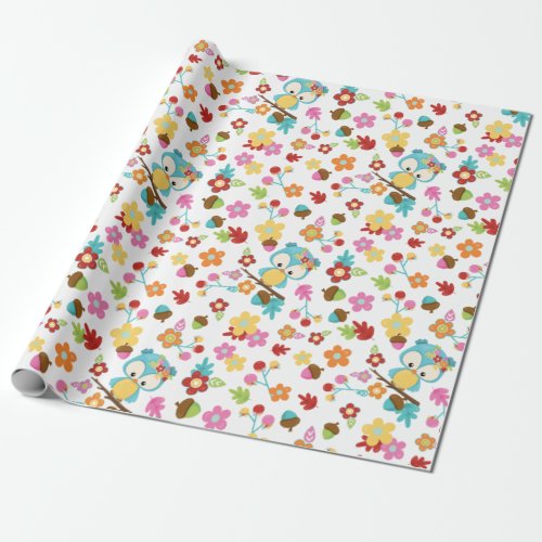 Cute Woodland Owl  Flowers Baby Girl Baby Shower Wrapping Paper