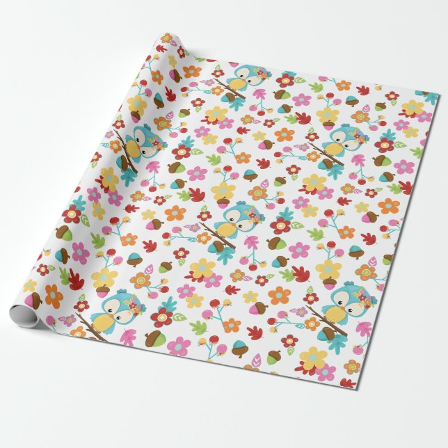 Cute Woodland Owl & Flowers Baby Girl Baby Shower Wrapping Paper (Unrolled)