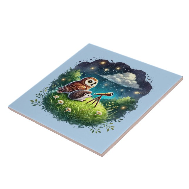 Cute woodland owl hedgehog  ceramic tile (Side)
