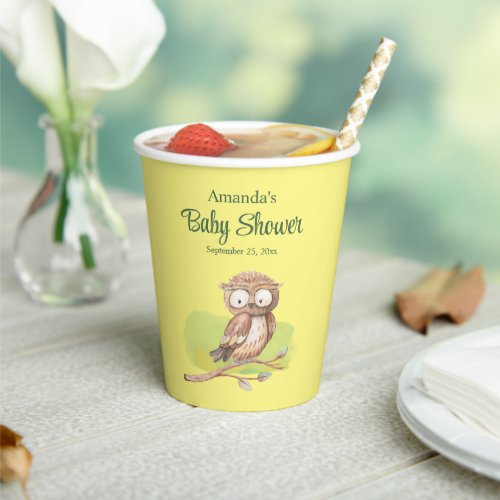 Cute Woodland Owl Tree Branch Baby Shower Paper Cups