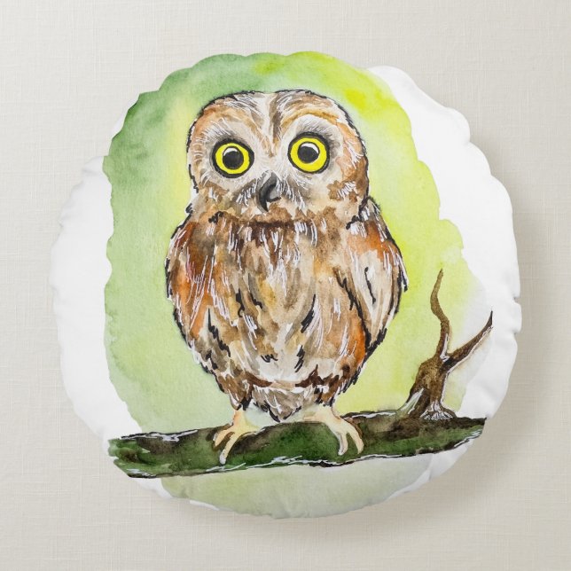 Cute woodland owl watercolor painting round pillow (Front)