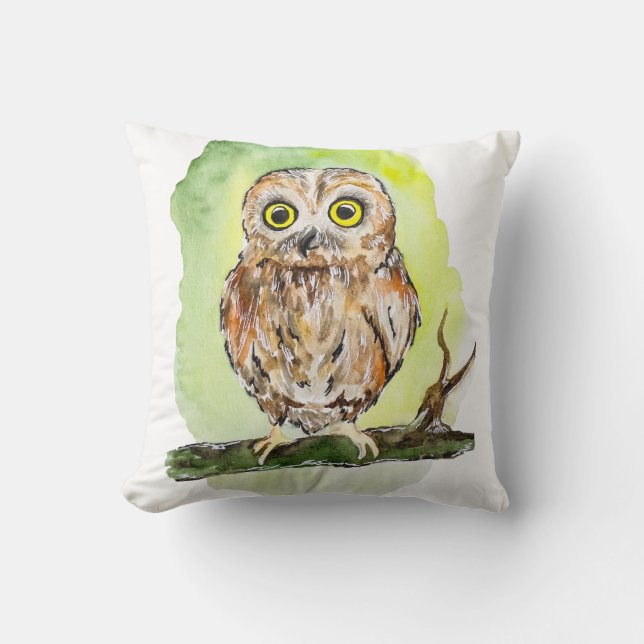 Cute woodland owl watercolor painting throw pillow (Front)