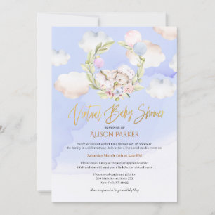 Cute Woodland Rabbit Floral Blue Virtual Shower Invitation