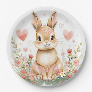 Cute Woodland Rabbit Pink Hearts Pastel Flowers Paper Plates