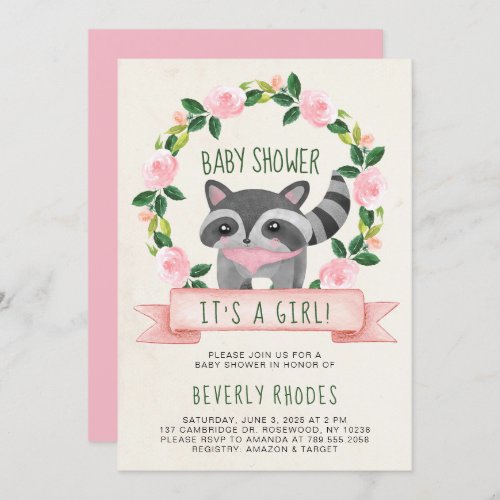 Cute Woodland Raccoon Baby Shower Its a Girl Invitation