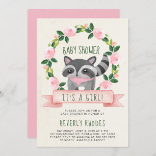 Cute Woodland Raccoon Baby Shower It's a Girl Invitation