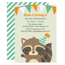 Cute Woodland Raccoon Birthday Party Invitations