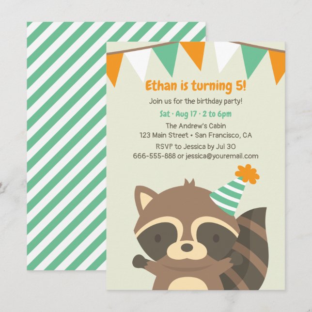 Cute Woodland Raccoon Birthday Party Invitations (Front/Back)