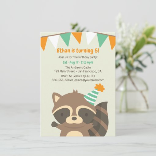 Cute Woodland Raccoon Birthday Party Invitations | Zazzle