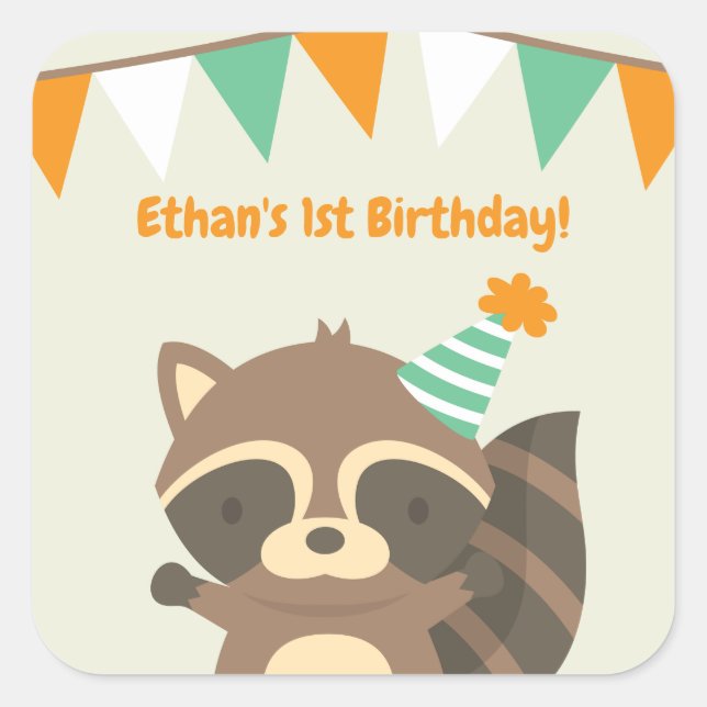Cute Woodland Raccoon Birthday Party Stickers (Front)