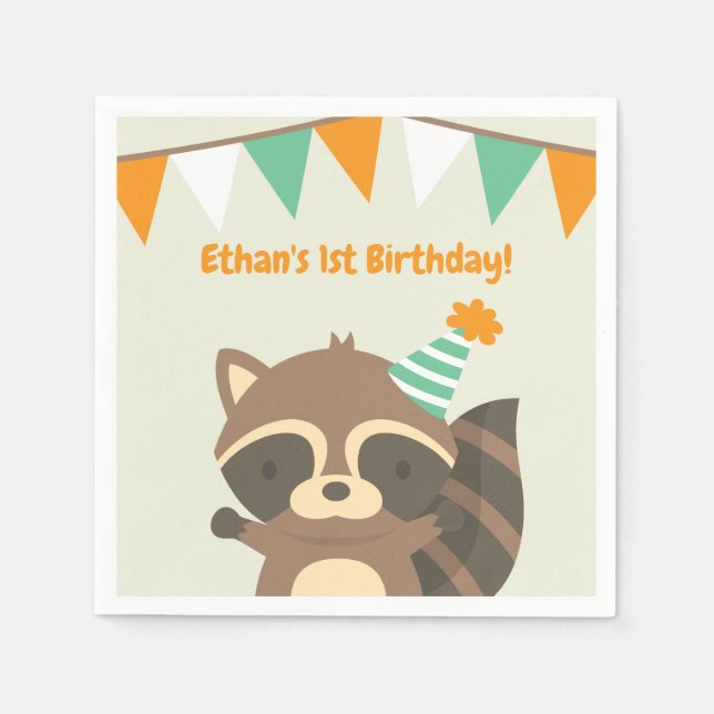 Cute Woodland Raccoon Birthday Party Supplies Napkins (Front)
