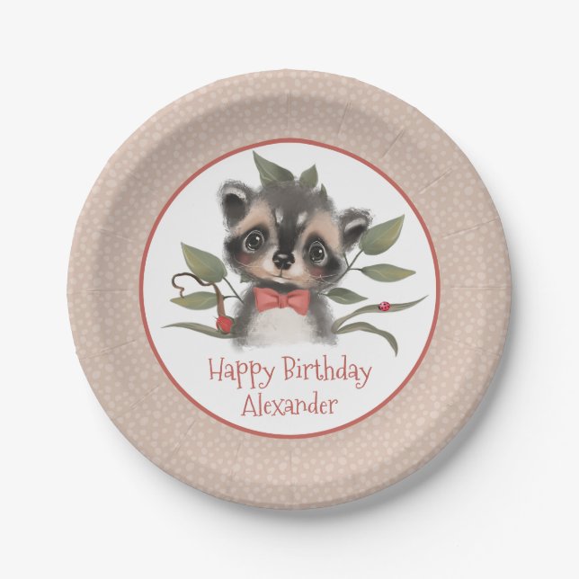 Cute Woodland Raccoon Boy's Birthday Party Paper Plates (Front)