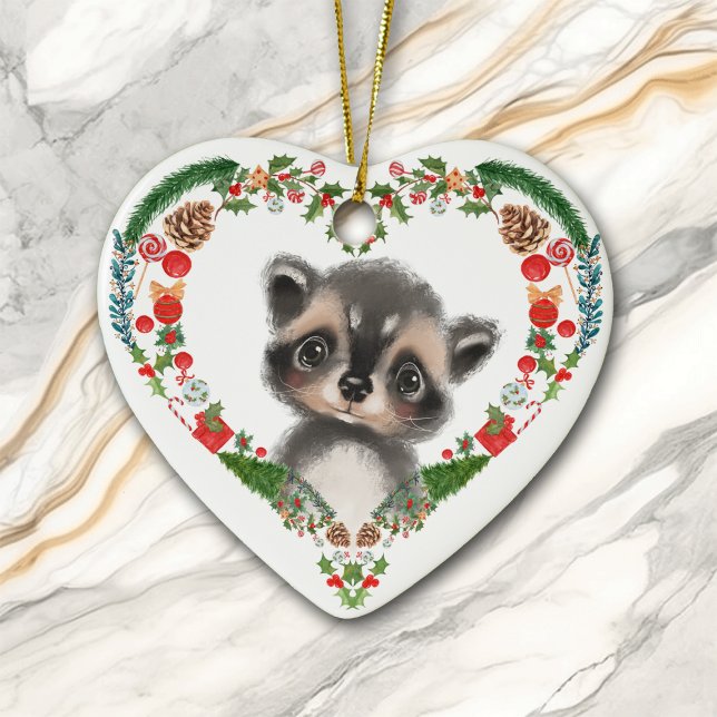 Cute Woodland Raccoon Heart Holiday Wreath Ceramic Ornament (Creator Uploaded)