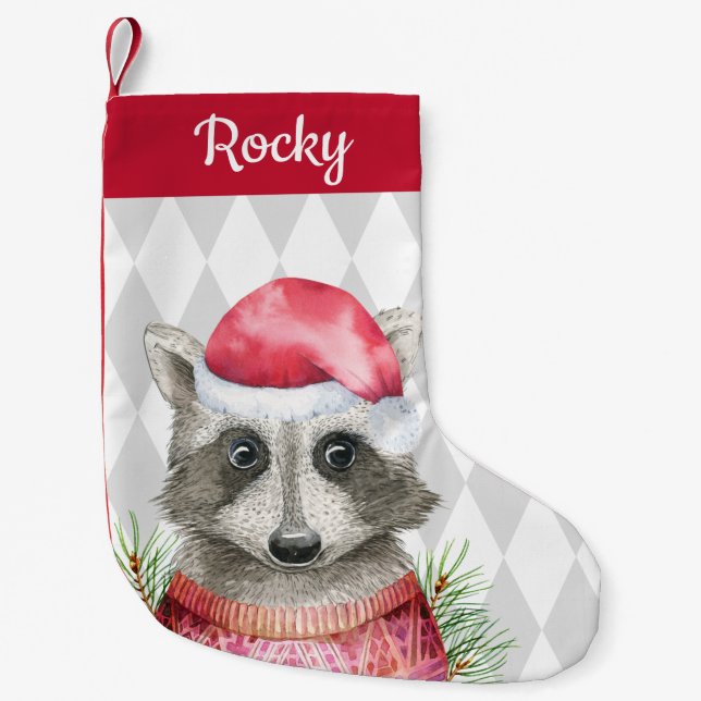 Cute Woodland Raccoon in Santa Hat Small Christmas Stocking (Front)