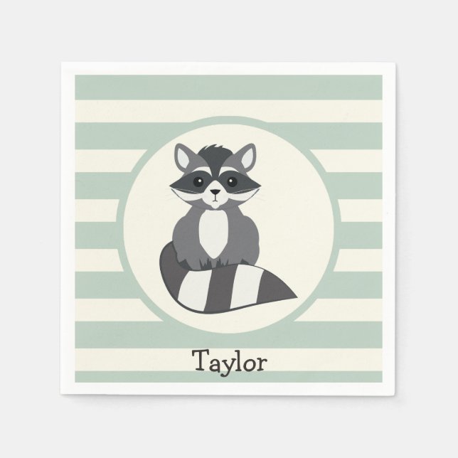 Cute Woodland Raccoon; Light Sage Green Paper Napkins (Front)