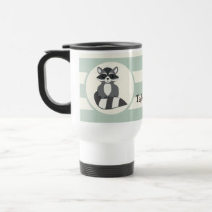 Cute Woodland Raccoon; Light Sage Green Travel Mug