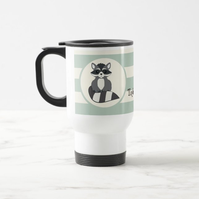 Cute Woodland Raccoon; Light Sage Green Travel Mug (Left)
