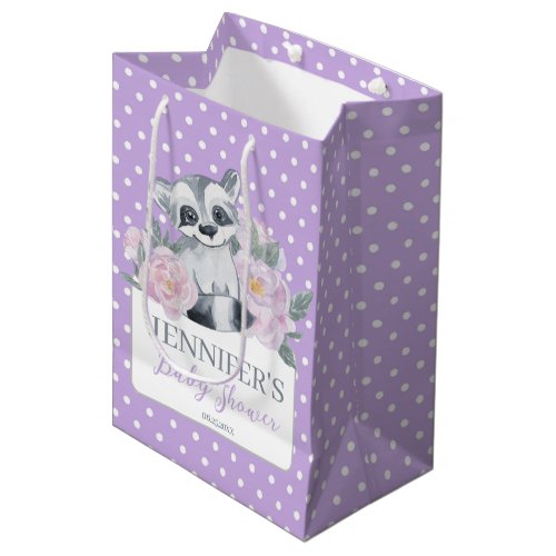 Cute Woodland Raccoon Purple Polkadot Baby Shower Medium Gift Bag