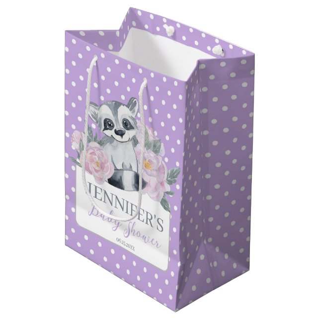 Cute Woodland Raccoon Purple Polkadot Baby Shower Medium Gift Bag (Front Angled)
